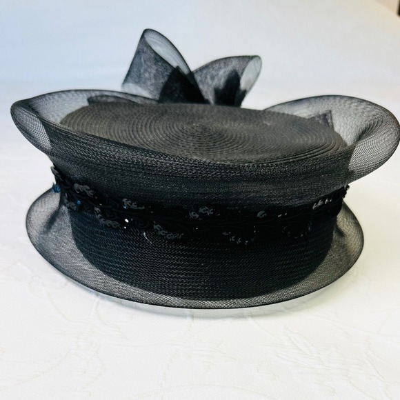 Vintage 50s Deborah New York Womens Black Mesh Pillbox Hat Sequin Church Derby - Picture 2 of 9